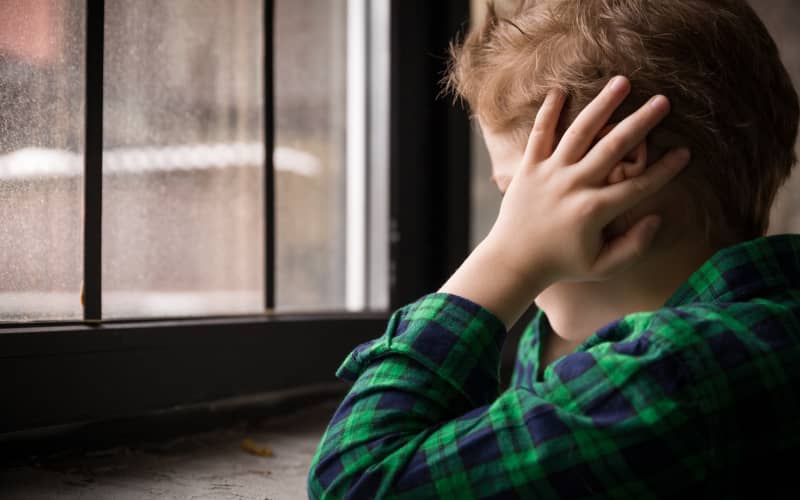 Niño pequeño con camisa de cuadros verdes mirando por la ventana con las manos sobre los oídos, en una actitud introspectiva. La escena representa una posible condición relacionada con una discapacidad invisible.