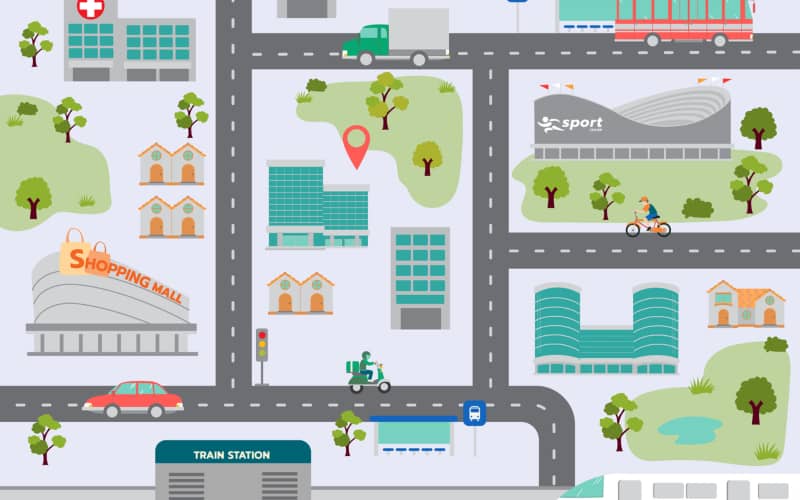 Ilustración de un mapa con un pin de etiqueta geográfica de una ciudad para facilidad la navegación en línea con una buena accesibilidad cognitiva