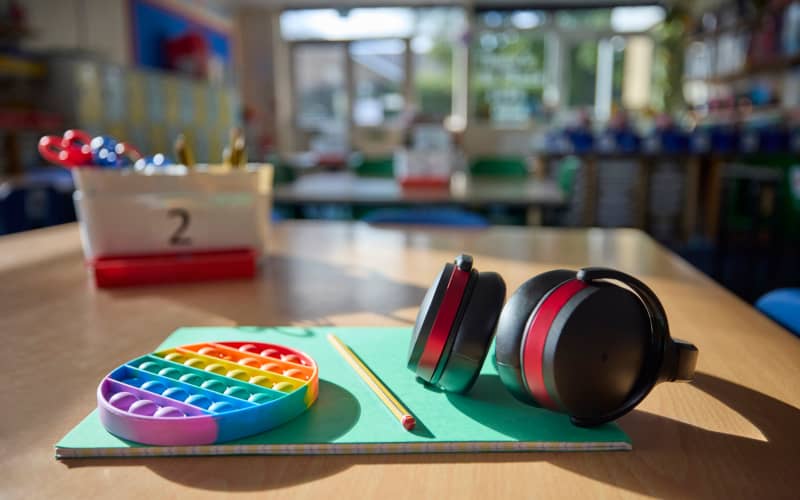 Material escolar adaptado sobre una mesa de aula, con auriculares antirruido y juguete sensorial tipo pop-it, recursos de apoyo para niños con discapacidad sensorial