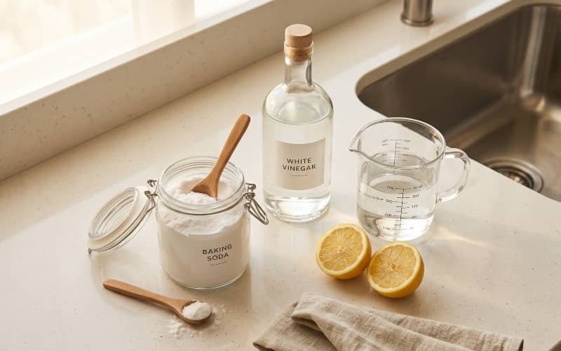 Bicarbonato, vinagre blanco, agua y limones sobre la encimera de una cocina, ingredientes caseros para desatascar tuberías