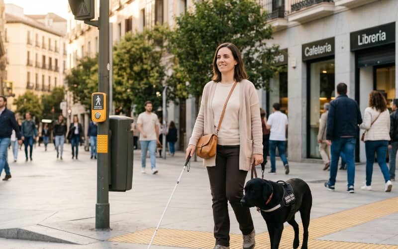 Mujer cruzando una calle con perro guía y bastón blanco en representación de los grados de discapacidad. 