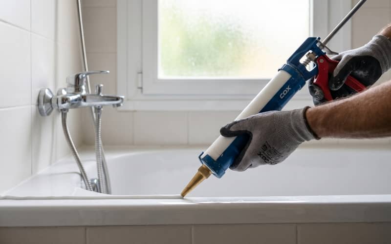 Manos con guantes aplicando silicona con una pistola selladora en la junta entre una bañera blanca y la pared alicatada del baño, en representación del servicio manitas