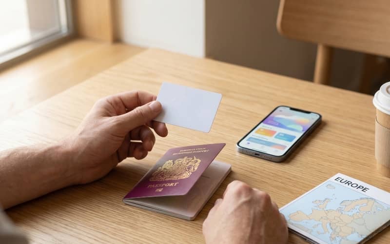 Manos sosteniendo una tarjeta blanca correspondiente a la tarjeta europea de discapacidad, sobre una mesa de madera junto a un pasaporte de la Unión Europea, un teléfono móvil y un mapa de Europa