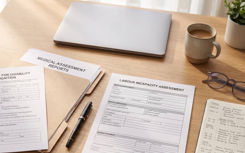 Formularios de solicitud de discapacidad por ansiedad e incapacidad laboral sobre una mesa de madera, junto a un portátil cerrado, unas gafas y una libreta con anotaciones.