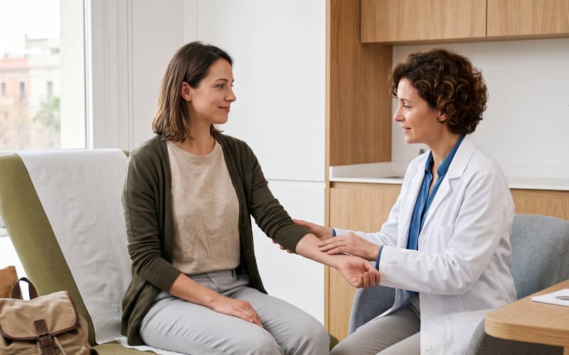 Profesional sanitaria explorando el brazo de una paciente en una consulta médica, en el contexto del seguro de viaje