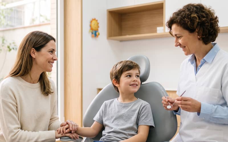 Madre acompañando a su hijo en la consulta de una odontóloga que le muestra un espejo dental en una clínica infantil, en el contexto del seguro dental