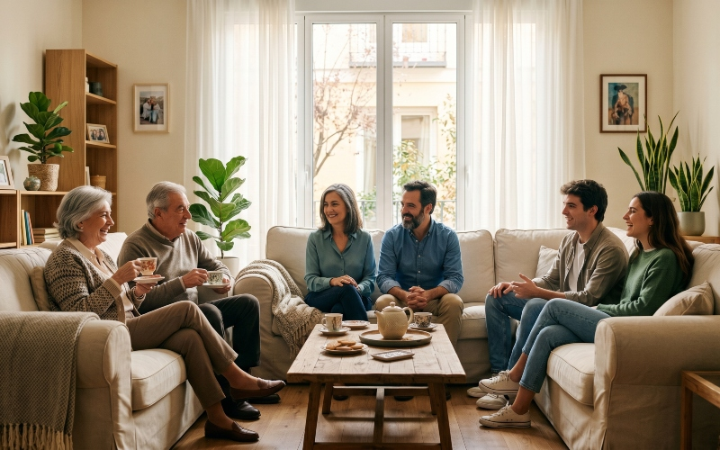 Familia de tres generaciones reunida en el salón de casa, en representación de una conversación relacionada con el seguro de decesos.