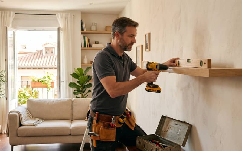 Profesional de mantenimiento del hogar instalando una balda de madera en la pared del salón con un taladro y un nivel como parte del servicio manitas