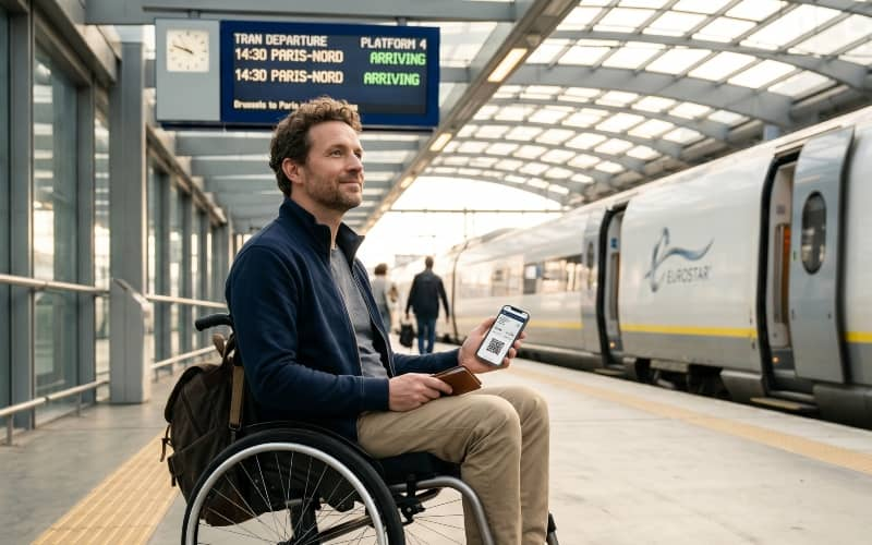 Hombre en silla de ruedas en un andén de estación de tren mirando un panel de salidas mientras sostiene un teléfono móvil con un código QR en pantalla correspondiente a la tarjeta europea de discapacidad