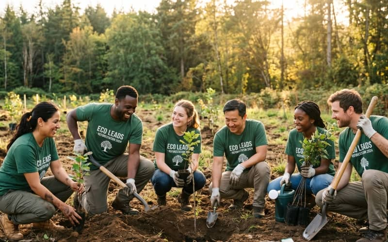 Grupo de seis empleados con camiseta verde plantando árboles juntos en un bosque durante una jornada de voluntariado corporativo al atardecer