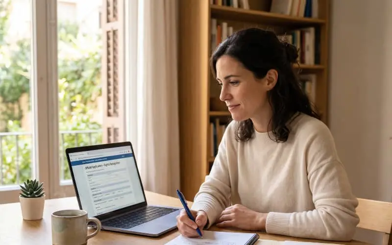 Mujer sentada en una mesa junto a una ventana toma notas en una libreta, en relación a la discapacidad por ansiedad.