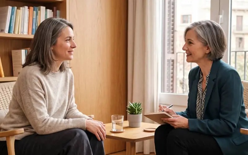 Dos mujeres conversan sobre la discapacidad por depresión, sentadas en una consulta luminosa mientras una de ellas toma notas en una libreta.