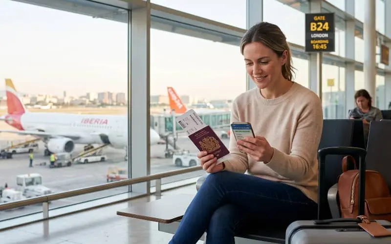 Mujer sentada en la sala de embarque de un aeropuerto revisando su pasaporte y teléfono móvil, en el contexto del seguro de viaje