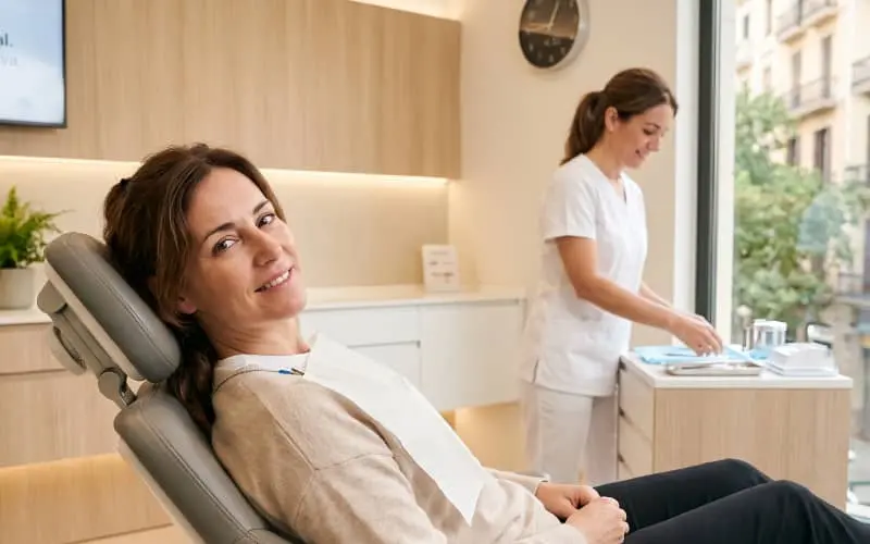 Mujer sonriendo sentada en el sillón de una clínica dental moderna, en representación del seguro dental.