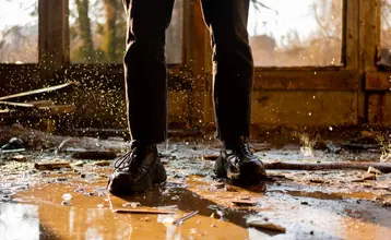 Persona de pie dentro de una vivienda dañada con el suelo cubierto de agua y escombros, tras lo que parece ser una inundación, ilustrando si los seguros cubren desastres naturales.