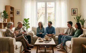 Familia de tres generaciones reunida en el salón de casa, en representación de una conversación relacionada con el seguro de decesos.