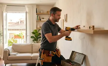 Profesional de mantenimiento del hogar instalando una balda de madera en la pared del salón con un taladro y un nivel como parte del servicio manitas
