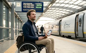 Hombre en silla de ruedas en un andén de estación de tren mirando un panel de salidas mientras sostiene un teléfono móvil con un código QR en pantalla correspondiente a la tarjeta europea de discapacidad