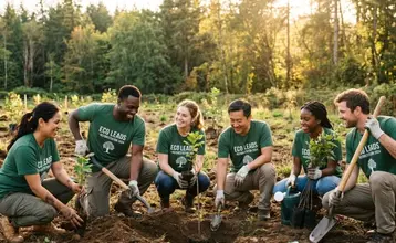 Grupo de seis empleados con camiseta verde plantando árboles juntos en un bosque durante una jornada de voluntariado corporativo al atardecer