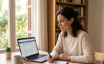 Mujer sentada en una mesa junto a una ventana toma notas en una libreta, en relación a la discapacidad por ansiedad.