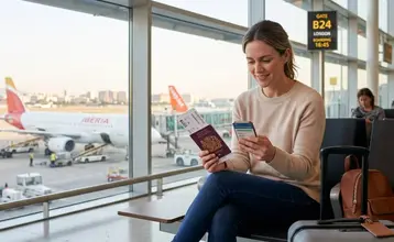 Mujer sentada en la sala de embarque de un aeropuerto revisando su pasaporte y teléfono móvil, en el contexto del seguro de viaje