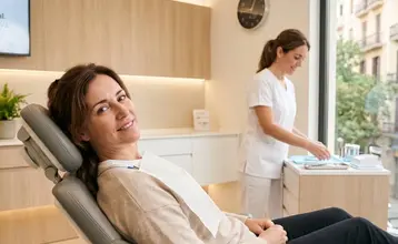 Mujer sonriendo sentada en el sillón de una clínica dental moderna, en representación del seguro dental.